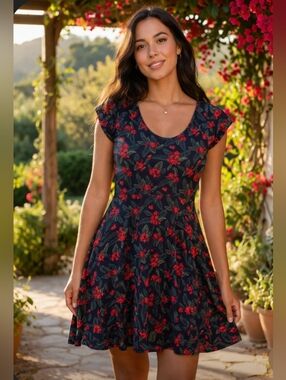 Mata Traders Navy Red Floral Short Sleeve Fit & Flare Dress Large